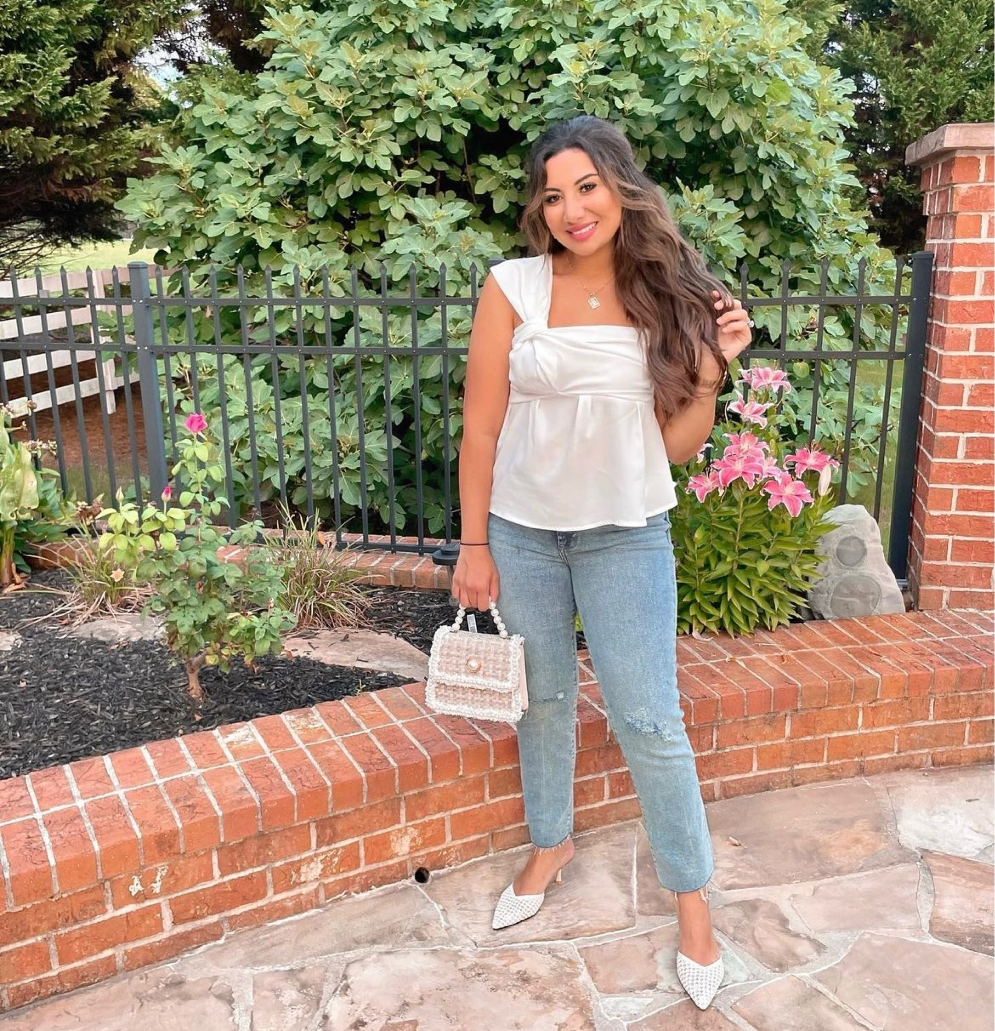 Asymmetrical twist neck top, cropped ankle jeans, pearl handle tweed handbag, mesh stiletto kitten heels— cute & simple spring/summer look & the prices are just too good to pass on🤍

#LTKsalealert #LTKstyletip #LTKunder50