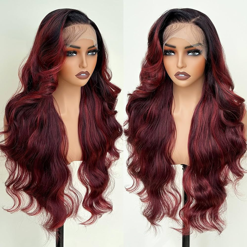 Burgundy Ombre 26 Inch HD Lace Front Wigs for White Women Black Women - Pre Plucked Body Wave Syn... | Amazon (US)