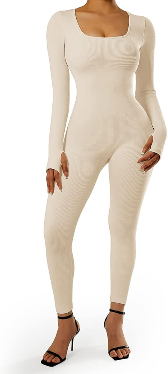 SUUKSESS Women Ribbed One Piece Jumpsuits Yoga Long Sleeve Workout Jumpsuits | Amazon (US)