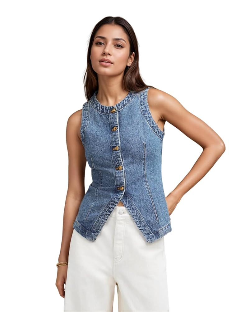 Denim Vest for Women V Neck Button Down Y2k Sleeveless Crop Corset Jean Streetwear Casual Tank To... | Amazon (US)