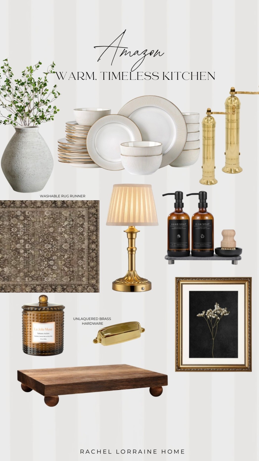 Warm, timeless, and elegant kitchen finds — all from Amazon ✨ I pulled together a mix of neutral ceramic dishware, textured vases, vintage-inspired rug runners, brass spice mills, pleated cordless kitchen lamps, pretty soap dispensers and trays, moody kitchen artwork, candles, and even classic brass drawer pulls. These are the kinds of thoughtful touches that bring charm and character to a space, while still feeling elevated and practical.

#AmazonKitchenFinds #TimelessKitchenStyle #KitchenDecorIdeas #ModernClassicKitchen #LTKhome #NeutralKitchenDecor #AffordableHomeStyle #CozyHomeVibes #VintageInspiredKitchen #AmazonHomeFavorites

#LTKHome