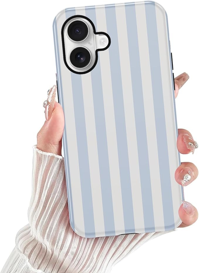 for iPhone16 Phone Case, Cute White and Light Blue Striped Geometric Lines Pattern Case for iPhon... | Amazon (US)