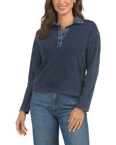 Denim With Trim Long Sleeve Polo T-shirt for Women | Polyester/Spandex/Cotton | Marshalls