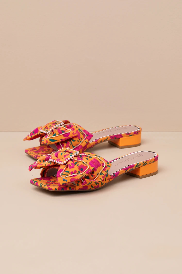 Garnet Orange Floral Pearl Bow Slide Sandals | Lulus