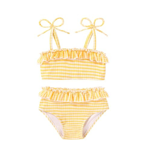 YOUNGER TREE Toddler Swimsuit Girl Two Piece Bathing Suit Ruffle Adjustable Straps Bikini Set Baby Summer Beach Swimwear(2-3T,Yellow Stripe) | Amazon (US)