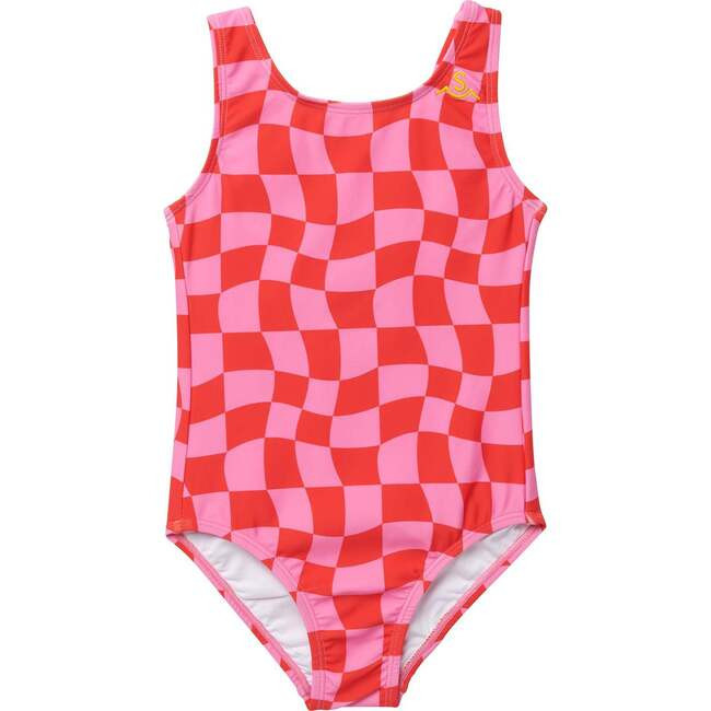 Wavy Scoop Neck Checks Swimsuit, Fuchsia | Maisonette