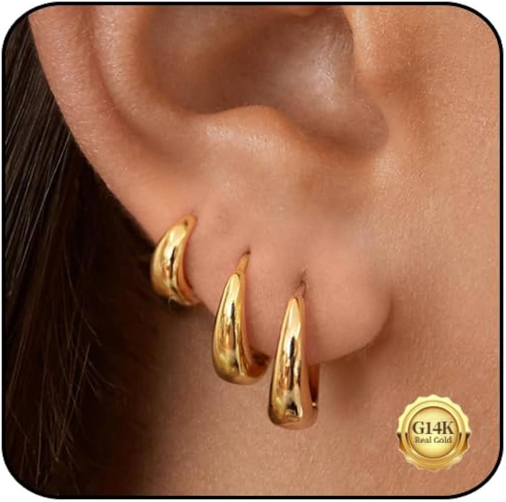 Gold Hoop Earrings for Women - 14k Plated Small Set, Hypoallergenic Huggie Cartilage Earrings, Ch... | Amazon (US)