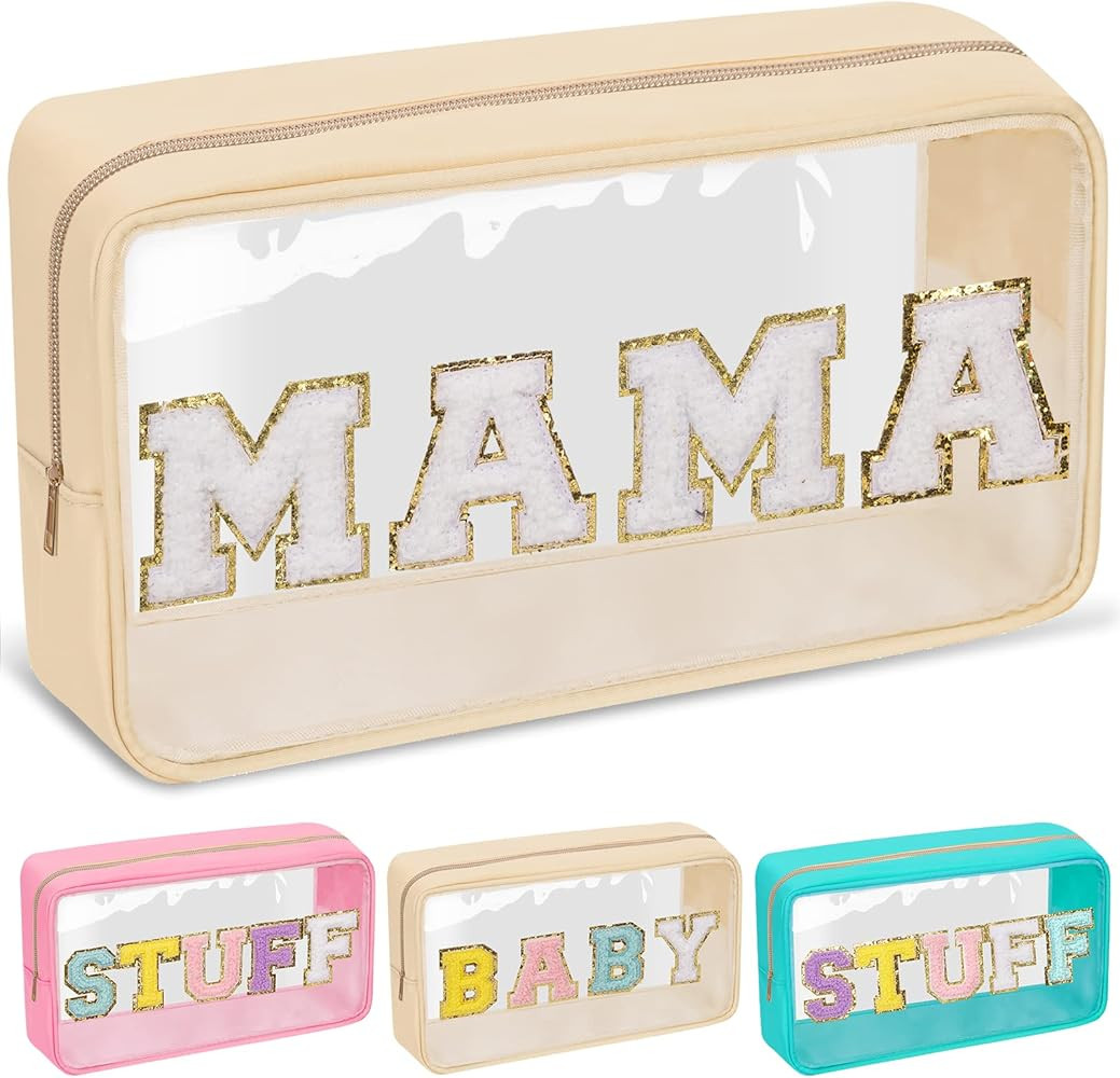 Chenille Letter Clear Makeup Bags Mama Pouch, Preppy Patch Makeup Bag with Zipper, Transparent PV... | Amazon (US)