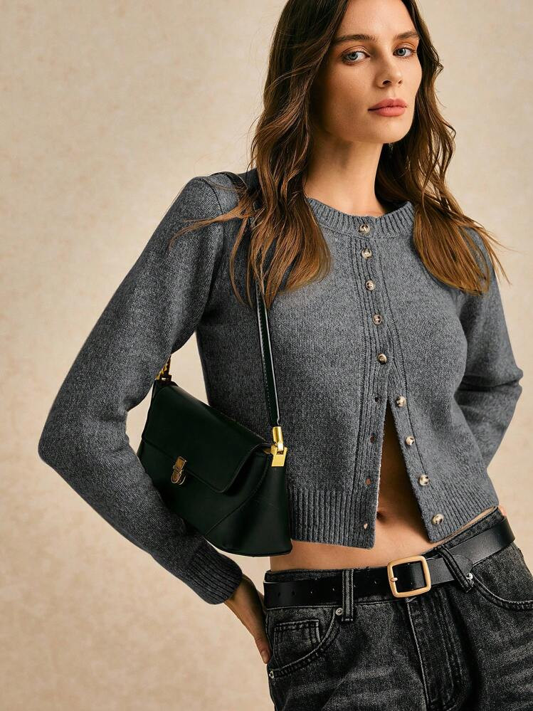 Poéselle Autumn And Winter Women's Round Neck Long Sleeve Single-Breasted Casual Short Wool Knit Thick Cardigan, Short Jumper, Cute Jumper, Fall Women Clothes, Going Out Tops, Business Casual Woman, Fall Sweaters, Office Attire, Basic Sweaters,Knitted Sweater | SHEIN