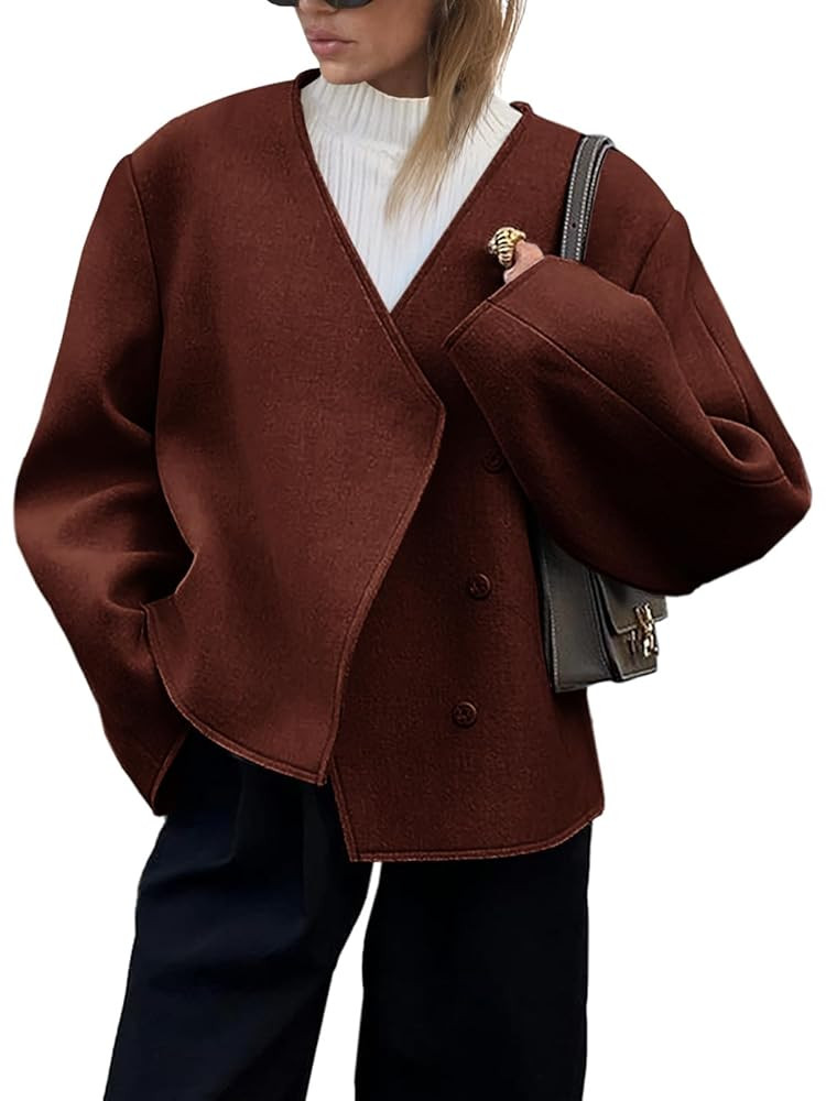 Cicy Bell Womens Cropped Wool Jackets Fall V Neck Short Pea Coats Single Breasted Outerwear Winte... | Amazon (US)