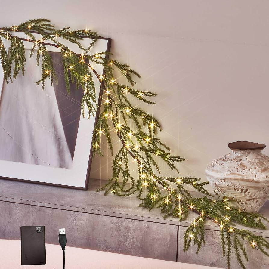 Hairui Lighted Norfolk Pine Garland 110 Fairy Lights with Timer, Garland with Lights 6FT USB Powe... | Amazon (US)