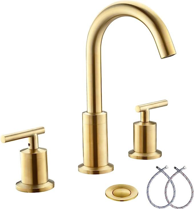 Brushed Gold Bathroom Faucet - 3 Hole Widespread 8 Inch 2 Handle - 360 Swivel High Arc Faucet - w... | Amazon (US)