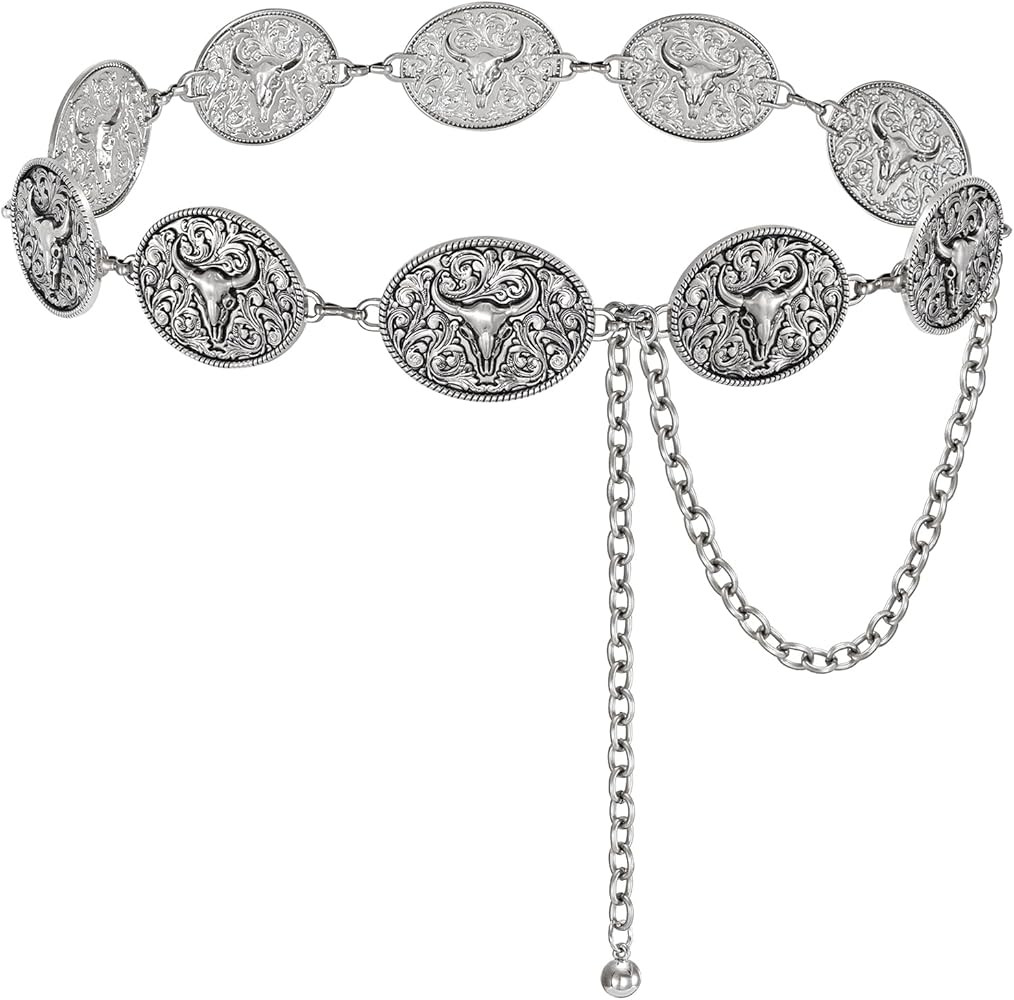 Western Metal Concho Chain Belt for Women Cowgirl Waist Chain Belt for Dresses Jeans Western Coun... | Amazon (US)