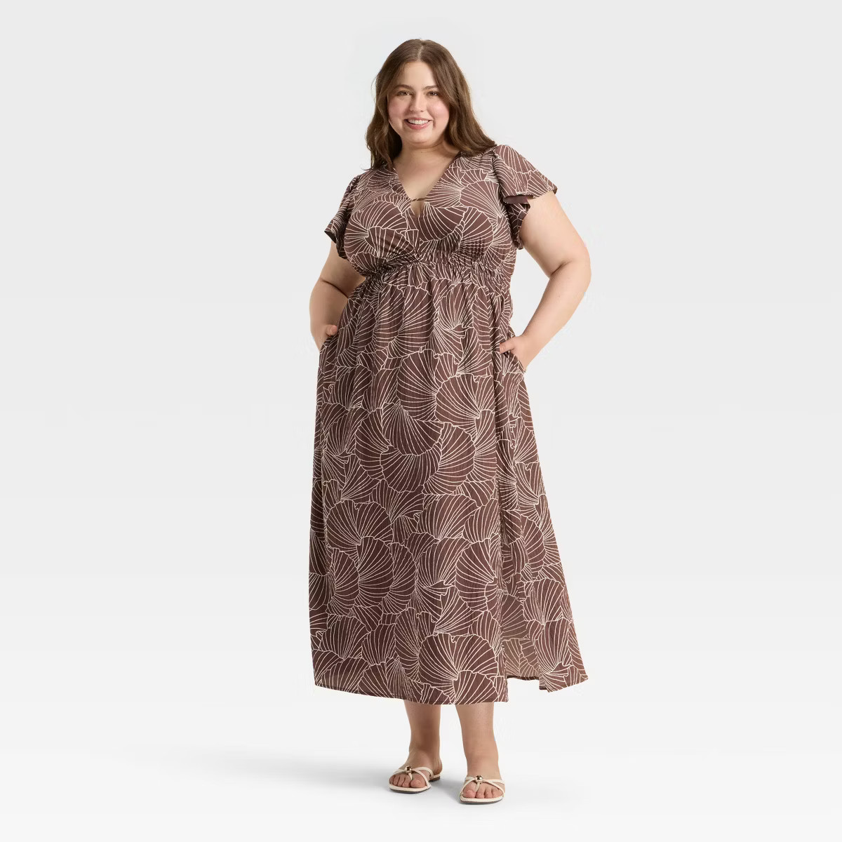 Women's Flutter Short Sleeve Maxi A-Line Dress - A New Day™ White/Black Leaf L | Target