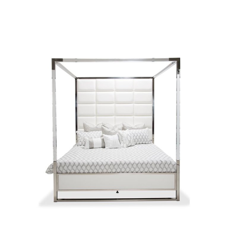 Michael Amini State St. Metal Eastern King Canopy Bed in Satin White | Walmart (US)