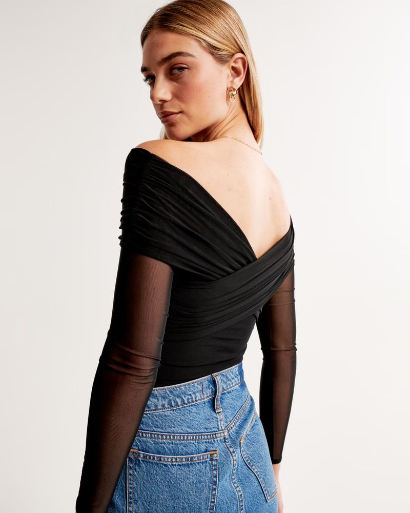 Long-Sleeve Off-The-Shoulder Wrap Mesh Bodysuit | Abercrombie & Fitch (US)