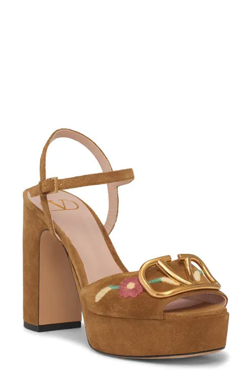 Valentino Garavani VLOGO Sunflower Embroidered Platform Sandal in Havana Beige at Nordstrom, Size 10.5Us | Nordstrom