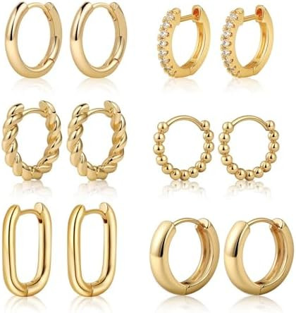 Tasiso Small Hoop Earrings for Women, 6 Pair 14K Gold Plated Huggie Hoop Earrings Lightweight Hyp... | Amazon (US)