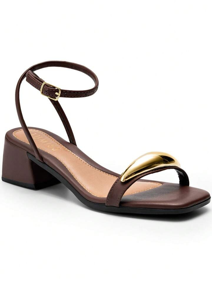 Lumiss Sandália Feminina Salto Baixo Bloco Confortável Enfeite Metalizado Lumiss | SHEIN