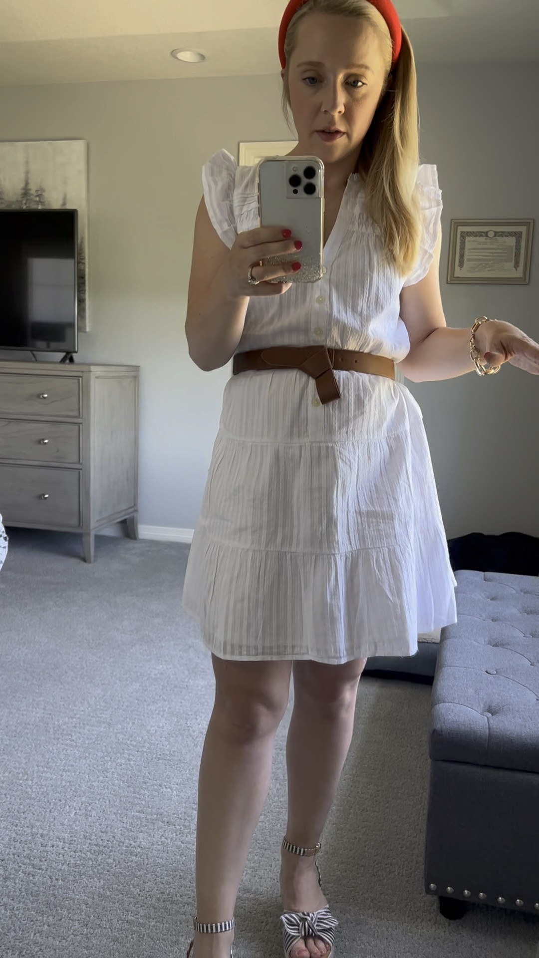 July 4th outfit. White flutter sleeve dress is $40! Wearing small petite and suggest sizing down. Similar shoes, belt, and straw tote.

Summer outfit. 4th of July. July 4th. Petite outfit. Petite dress. Summer dress. White dress. Summer fashion. 

#LTKsalealert
