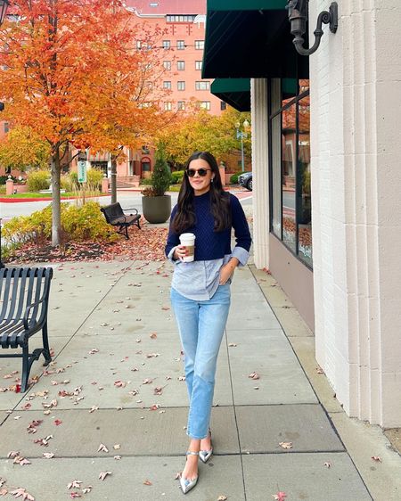 Easy fall look for a quick coffee run! My top is from Bloomingdales and I paired it with silver accessories from J.Crew!