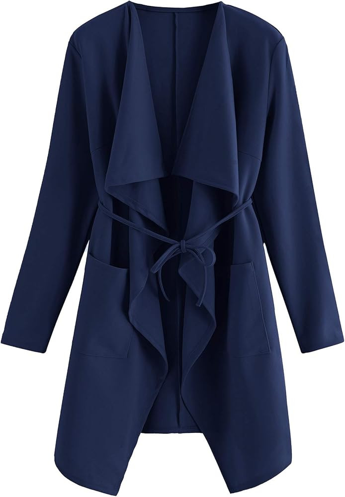 Romwe Women's Raw Cut Hem Waterfall Collar Long Sleeve Wrap Trench Pea Coat Cardigan | Amazon (US)
