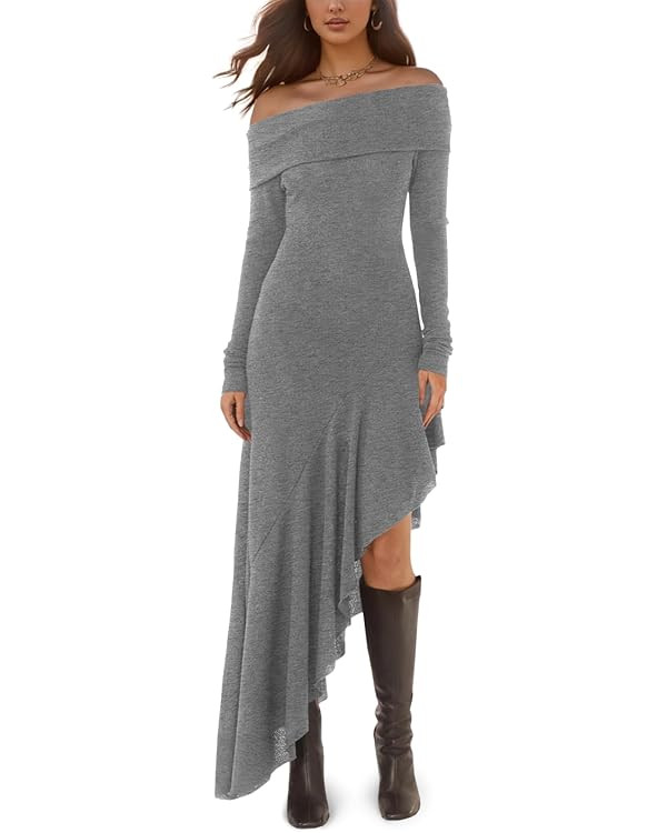 Fisoew Women's Off The Shoulder Long Sleeve Maxi Dress Fall Casual Ruffle Irregular Hem Wedding G... | Amazon (US)