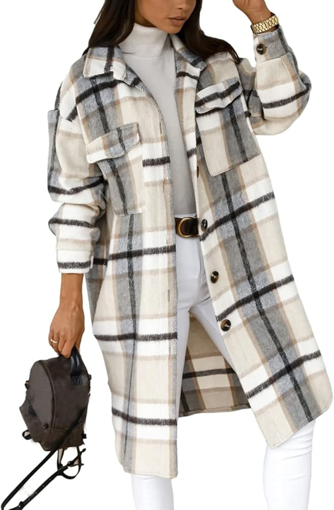Meyhad Womens Casual Lapel Button Down Long Plaid Jacket Shacket Tartan Brushed Pocketed Coat | Amazon (US)