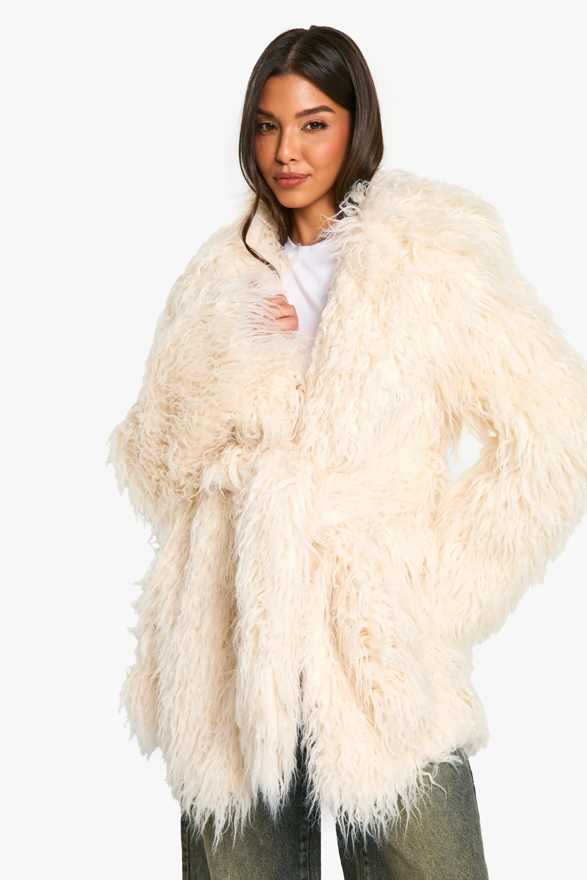 Faux Mongolian Fur Belted Coat | boohoo (US & Canada)