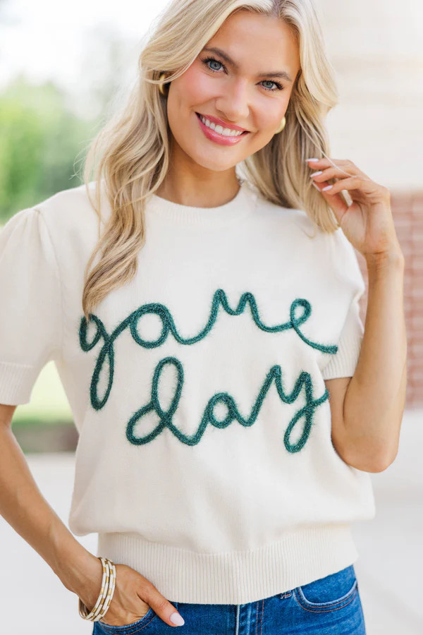 To The Stadium White and Emerald Game Day Puff Sleeve Sweater | The Mint Julep Boutique
