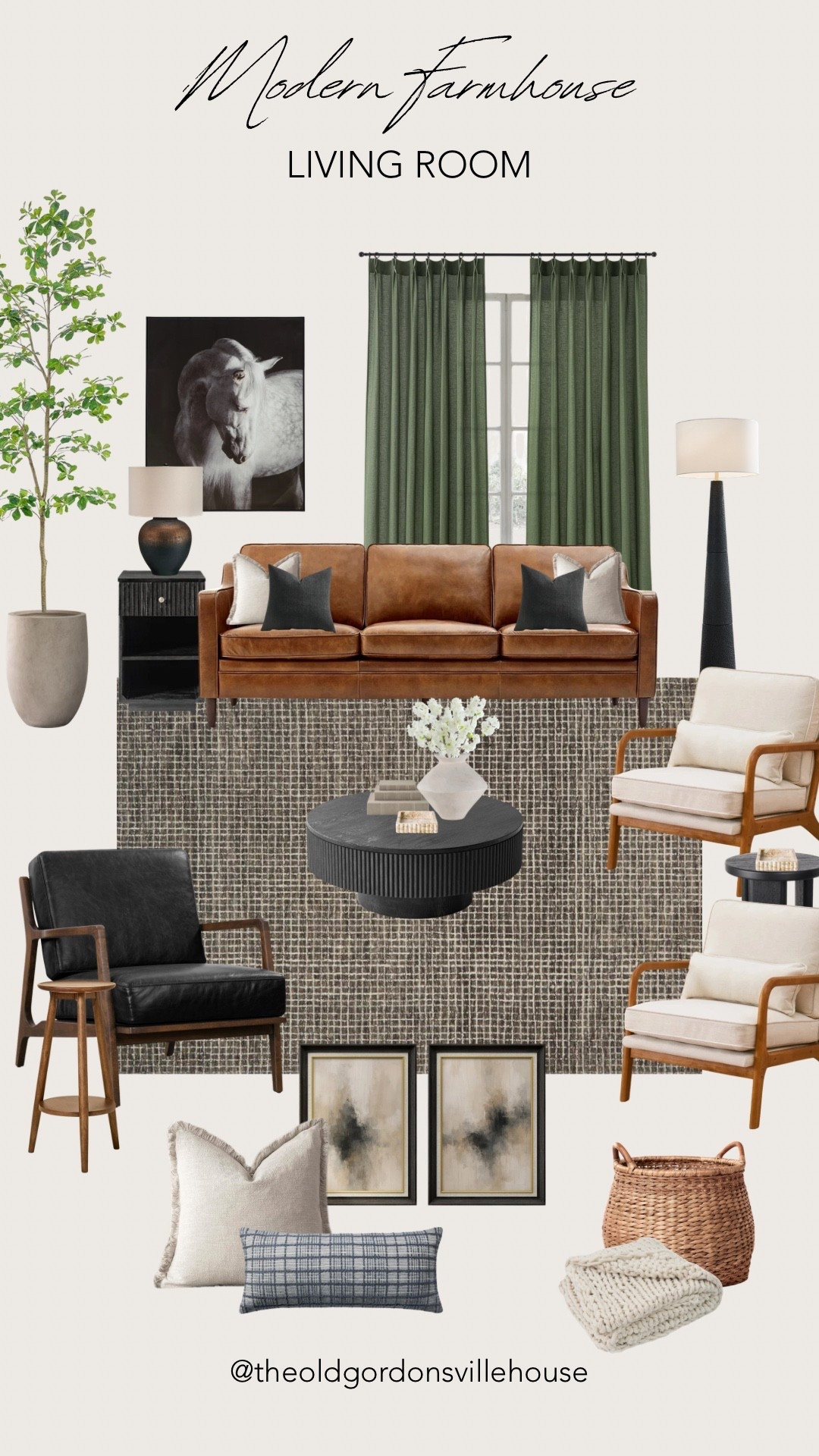 Modern Farmhouse Living Room.
 
sofa, curtains, wall art, accent chair, rug, coffee table, basket, tree, neutral, modern, home decor 

 #LTKHome