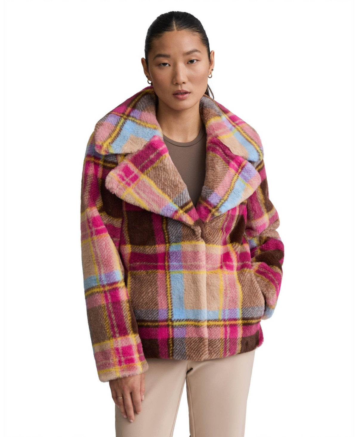 Nvlt Women's Faux Fur Plaid Jacket - Chocolate | Macy's