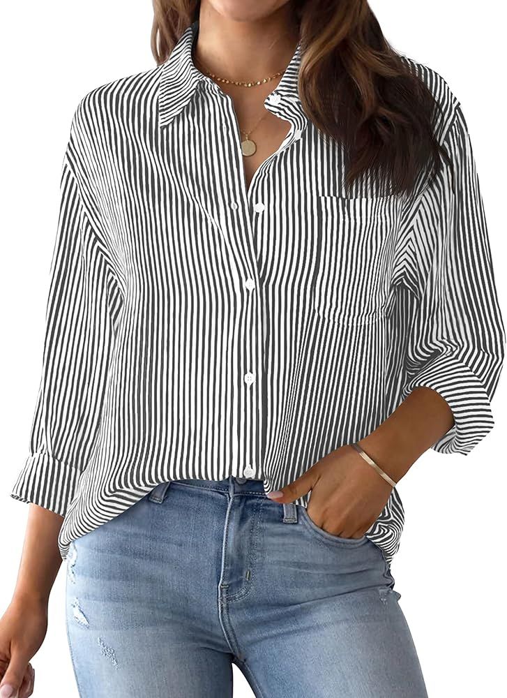 AISEW Womens Button Down Shirts Striped Classic Long Sleeve Collared Office Work Blouses Tops wit... | Amazon (US)