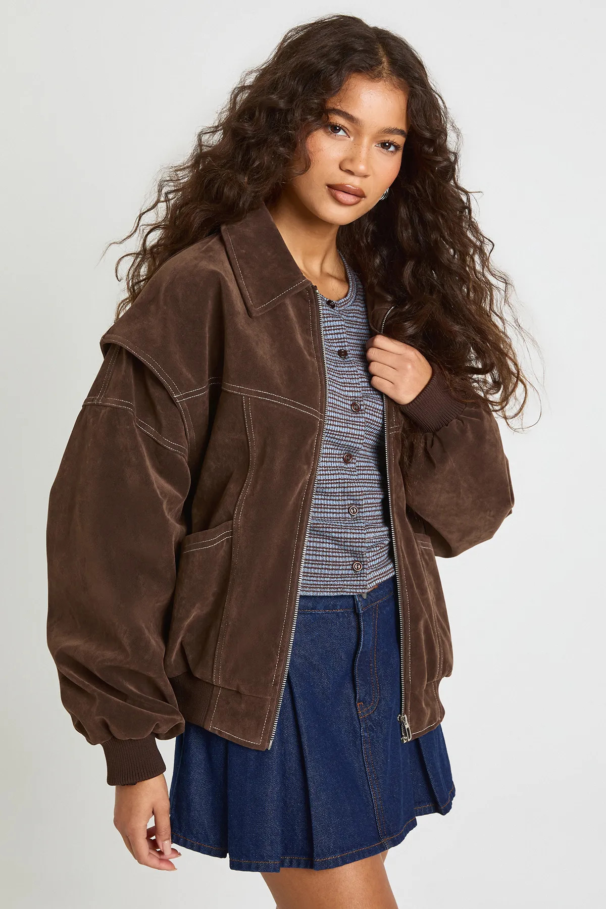 Dark Brown Faux Suede Contrast Stitch Bomber Jacket | Boohoo | Boohoo.com (UK & IE)