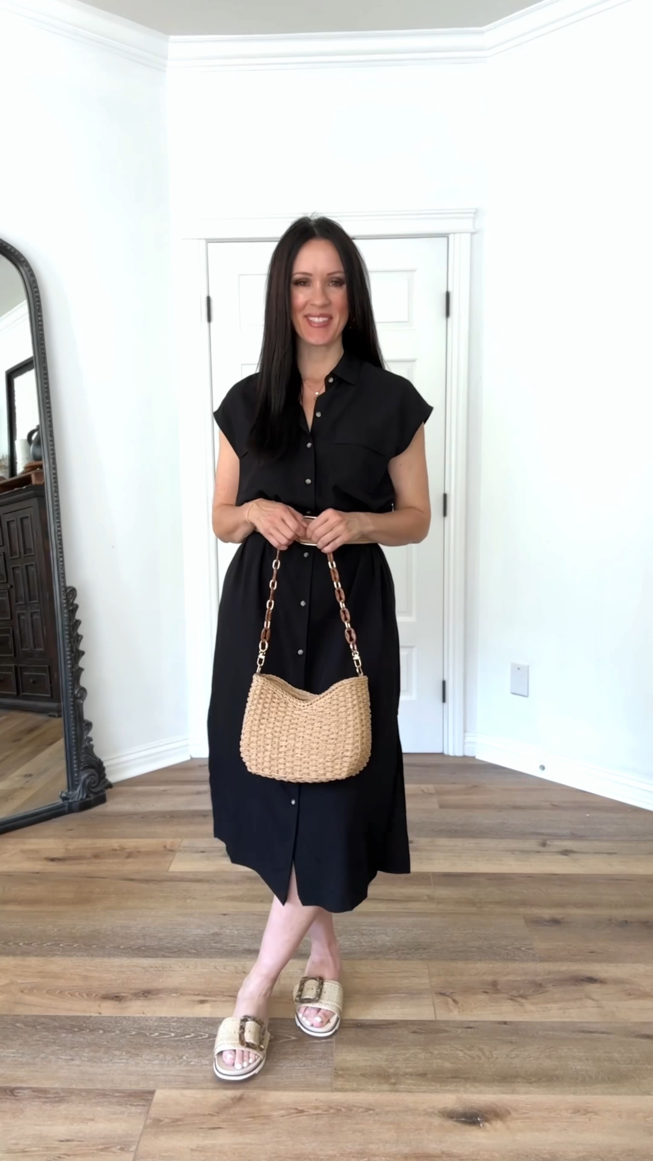 A simple dress that looks way more expensive than it is, part one!

Sizing:
Dress-Old Navy, wearing small (roomy)
Heels-Vince Camuto, TTS
Straw sandals-Sam Edelman, run TTS

spring dress | summer dress | black dress | shirt dress | straw tote | Amazon fashion | 

#LTKsalealert #LTKover40 #LTKfindsunder50