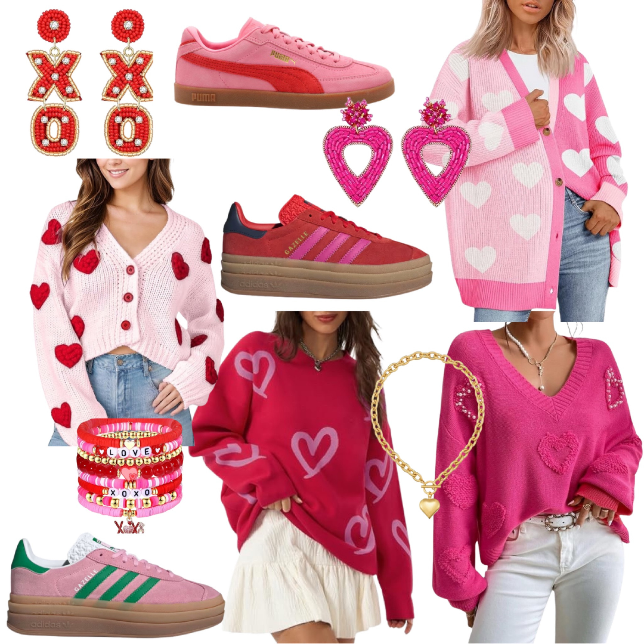 Valentine’s Day outfit Inspo! Heart sweater, cardigan, pink sneakers, red sneakers, heart necklace, earrings, stackable bracelets
#valentinesday #valentinesoufit #valentinessweater #cardigan #jewelryy

#LTKSeasonal #LTKGiftGuide #LTKFindsUnder50