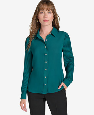 Tommy Hilfiger's Women's Pleated Long Sleeve Button Down - Macy's | Macy's