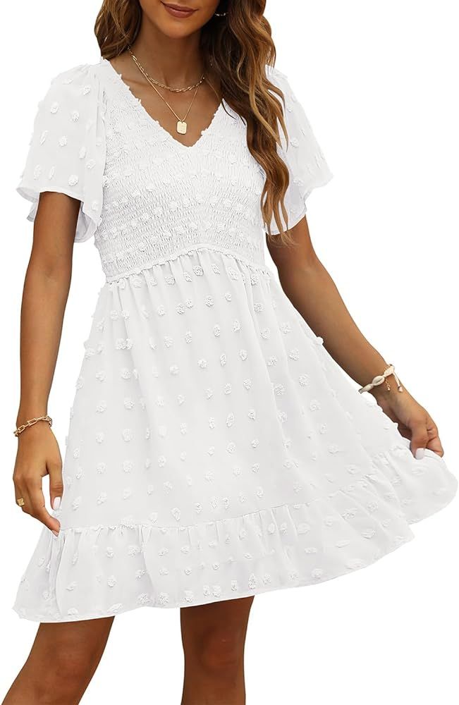 TECREW Womens Smocked Short Sleeve V Neck Mini Dress Summer Swiss Dot Flowy Short Dress | Amazon (US)