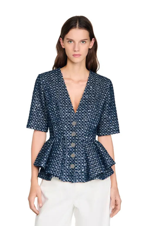 SANDRO Sequinned jacket in Navy Blue at Nordstrom, Size 40 Eu | Nordstrom