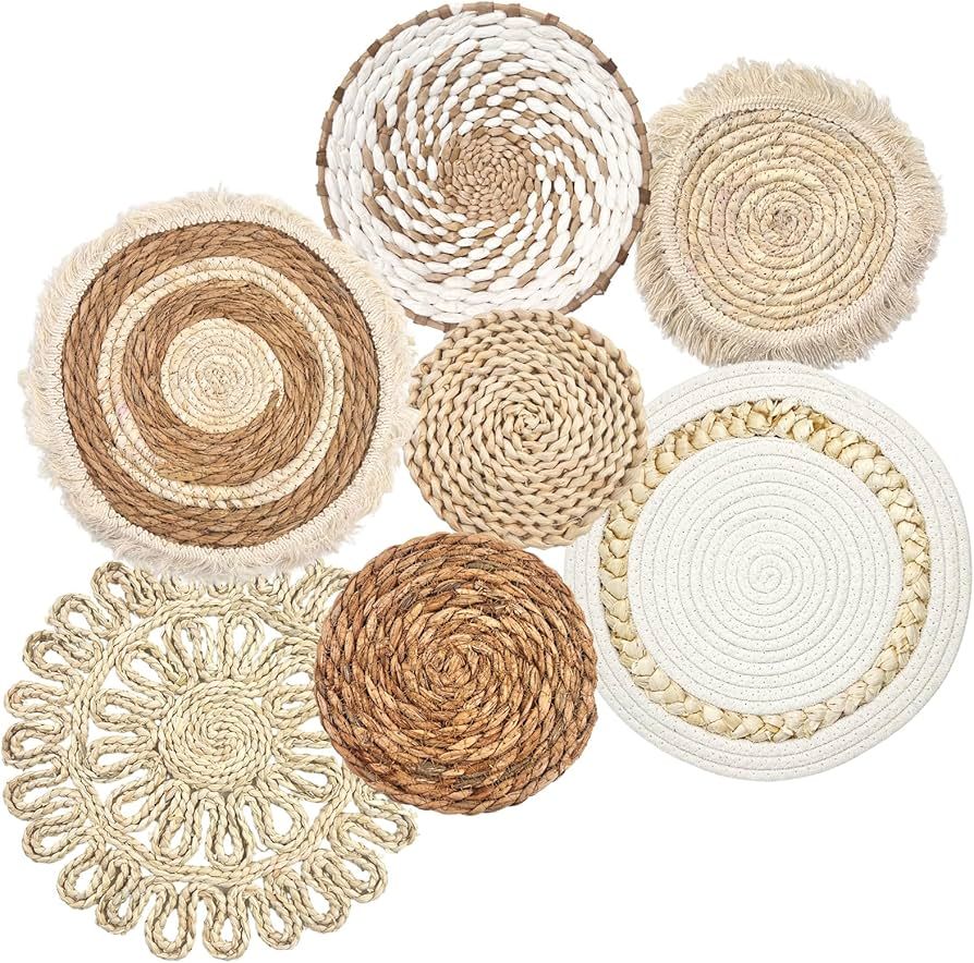 Set of 7 Boho Wall Baskets, Wall Hanging Rattan Decor, Flat Round Woven Water Hyacinth Corn Husk ... | Amazon (US)