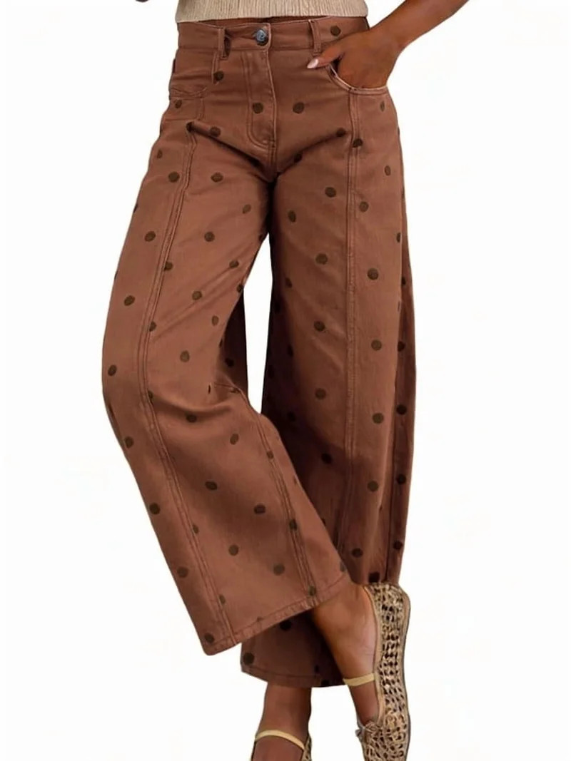 sicmoss Women's Caramel Polka Dot Barrel Jeans Mid Rise Vintage Denim Pants with Pockets | Walmart (US)