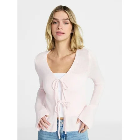 No Boundaries Tie Front V-Neck Cardigan with Bell Sleeves Women s & Women s Plus XXS-4X | Walmart (US)