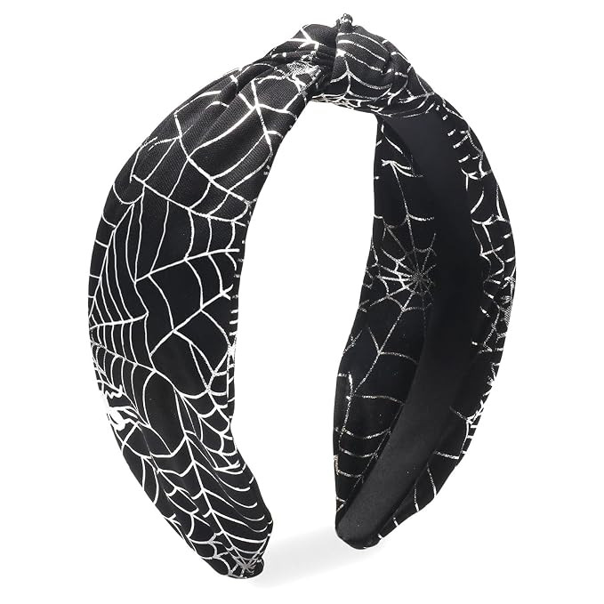 Halloween Headband for Women Girls, Silver Spider Web Hair Band Wide Top Knot Black Hair Accessor... | Amazon (US)