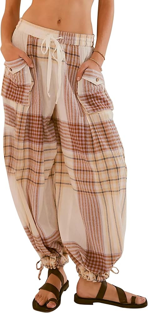 Women Y2K Drawstring Plaid Color Block Pants Loose Elastic Waist Wide Leg Trousers Casual Lounge ... | Amazon (US)