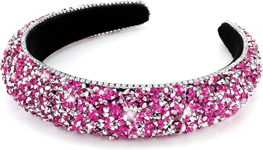 Wecoe Rhinestone Headband Hot Pink Diamond Headband Women Girls Thick Padded Headband Bling Glitt... | Amazon (US)