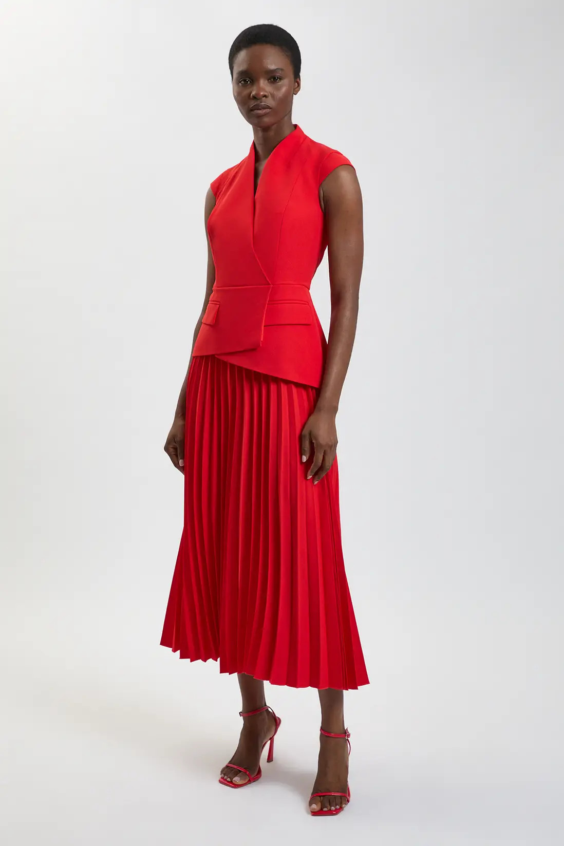 Tailored Crepe Asymmetric Pleat Maxi Dress | Karen Millen