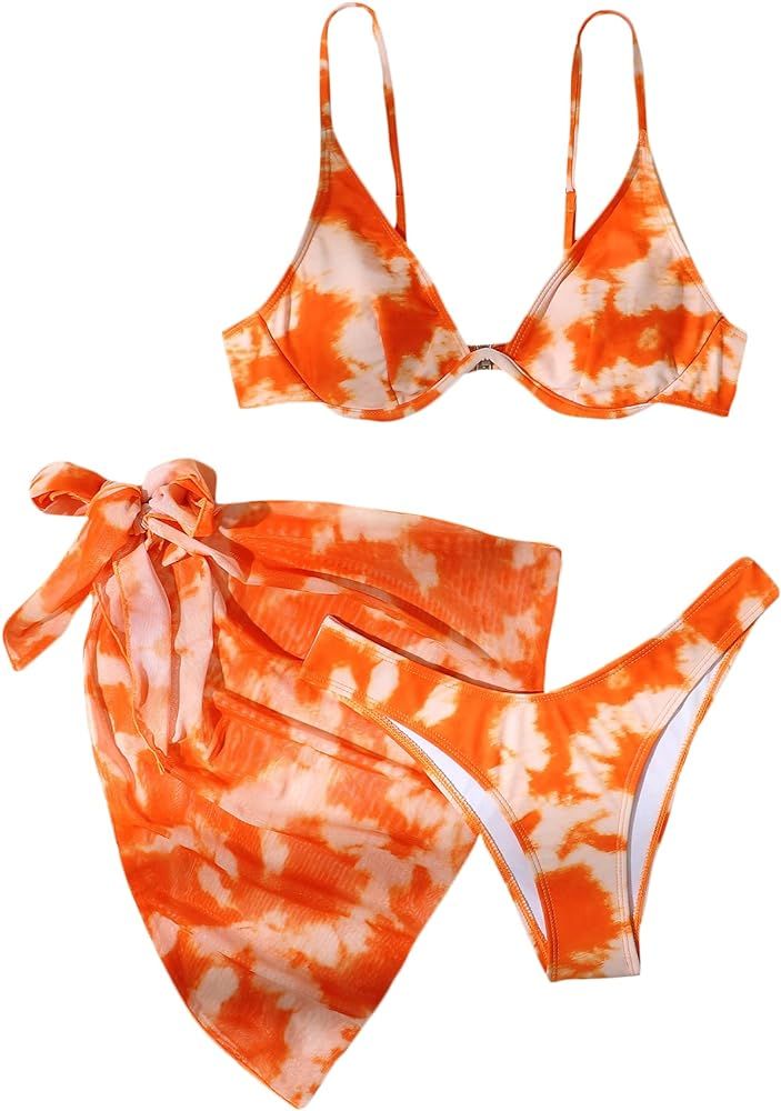 SheIn Women's 3 Piece Bikini Set with Mesh Beach Skirt Underwire Triangle High Cut Swimsuit | Amazon (US)