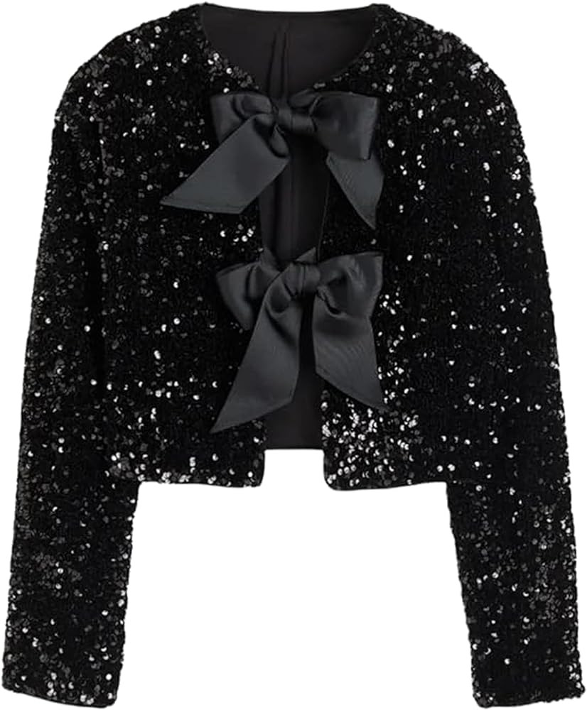 Women Tie-Front Sequined Jacket Long Sleeve Sparkling Cropped Top with Bow Party Concert Night | Amazon (US)