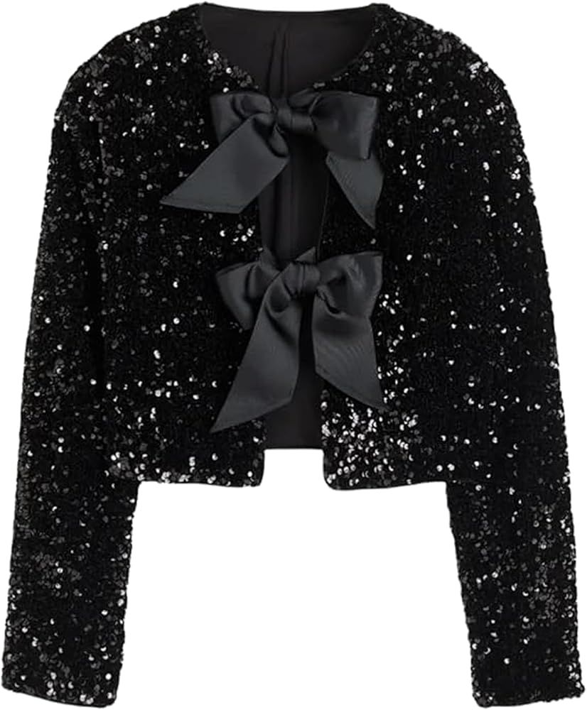 HYLLGUD Women Tie-Front Sequined Jacket Long Sleeve Sparkling Cropped Top with Bow Party Concert ... | Amazon (US)