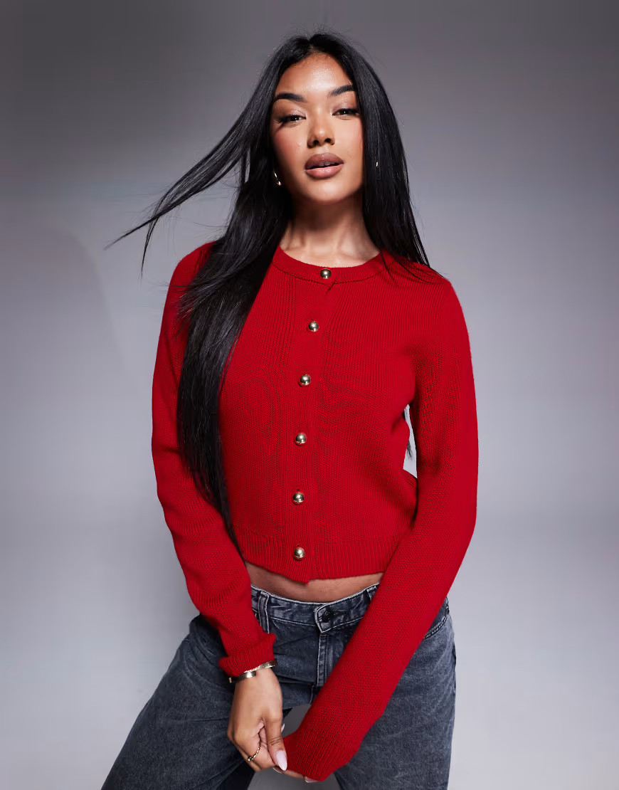ASOS DESIGN compact knit cardigan with gold buttons in red | ASOS (Global)